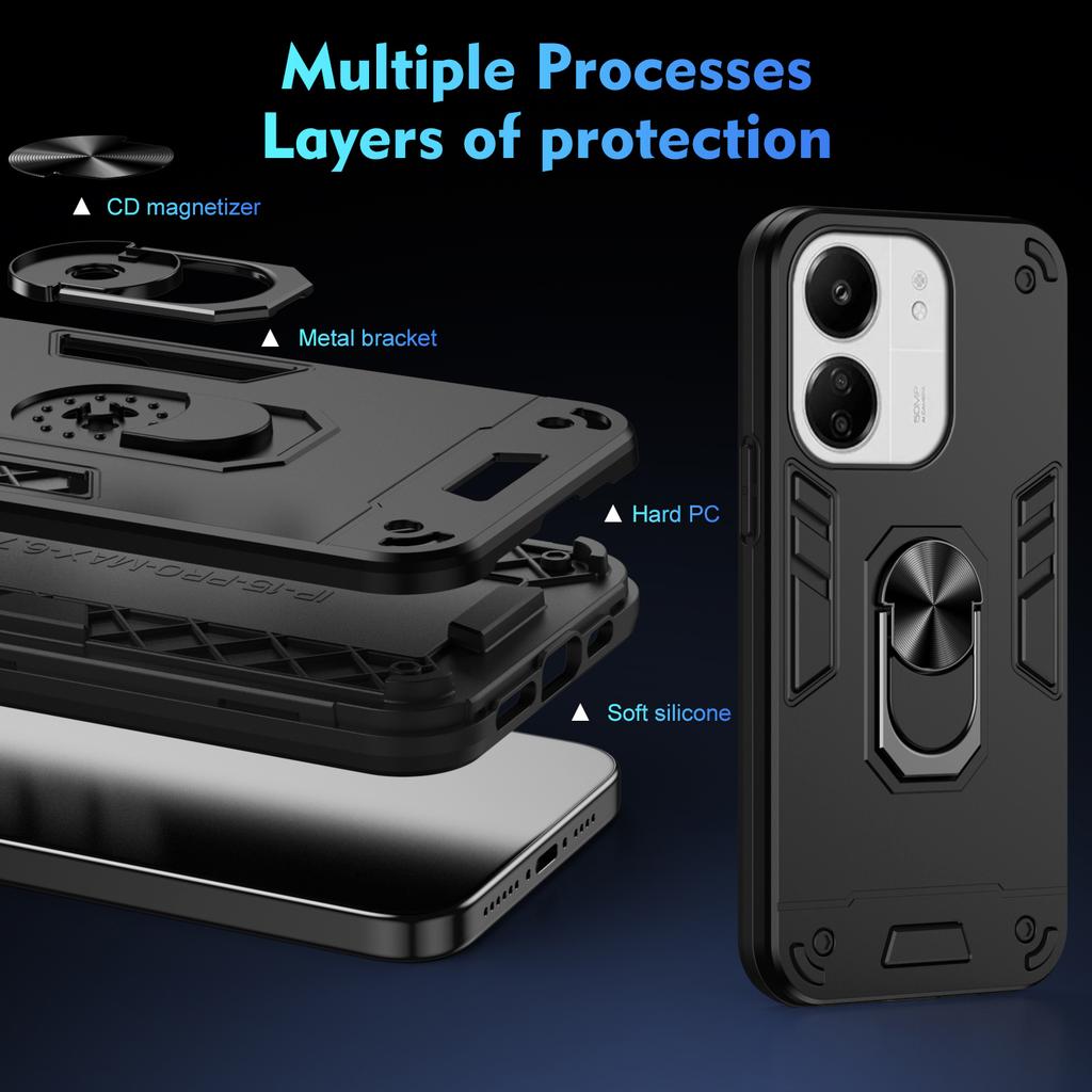 For Xiaomi Redmi 13C 5G/13C 4G/13R 5G/Poco C65 4G/Poco M6 5G Case PC+TPU Drop Defend Phone Cover with Ring Kickstand
