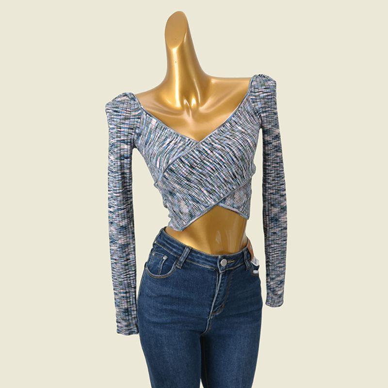 Cross V-neck Hip Knitwear One-Step Skirt Midriff-Baring Top