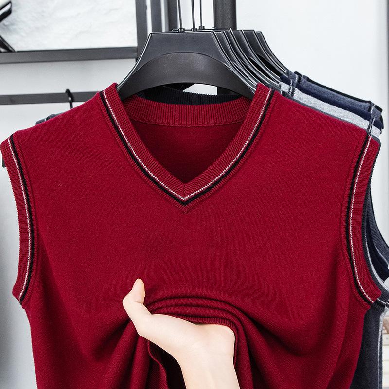 Men's V-Neck Wool Knit Vest - Autumn/Winter Solid Color, Middle-Aged & Elderly Style