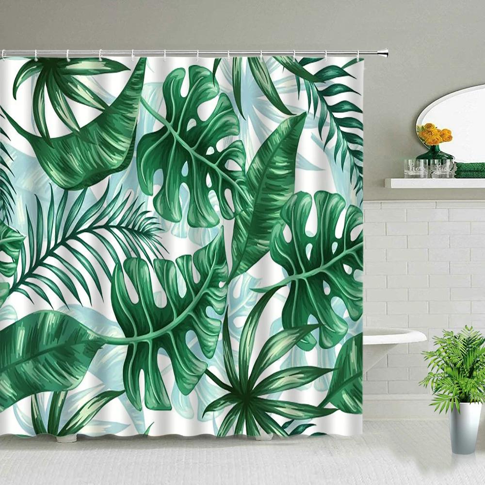 Green Leaves Shower Curtain Monstera Leaf Tropical Plant Spring Bathroom Curtain Bathtub Decor Waterproof Fabric With Hooks