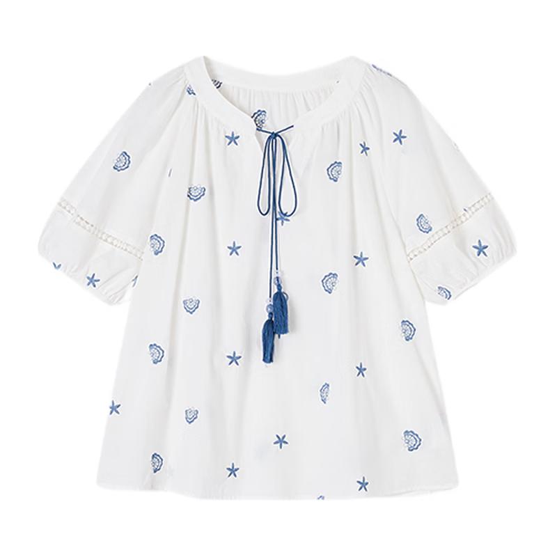 Women s French Style Embroidered Cotton Puff Sleeve Blouse XL
