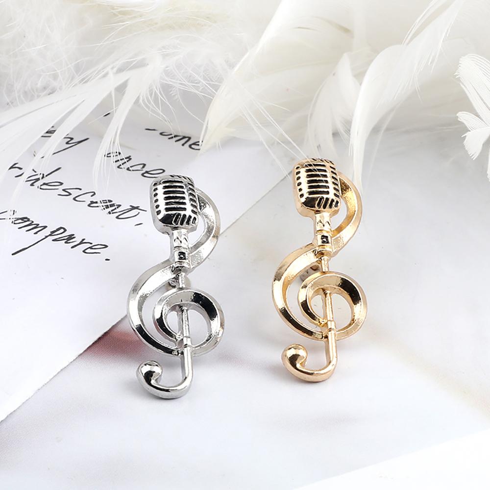 Microphone Music Note Brooch Gold Color Silver Color Enamel Pins Women Men Singer Party Concert Jewelry Backpack Lapel Pin Gifts