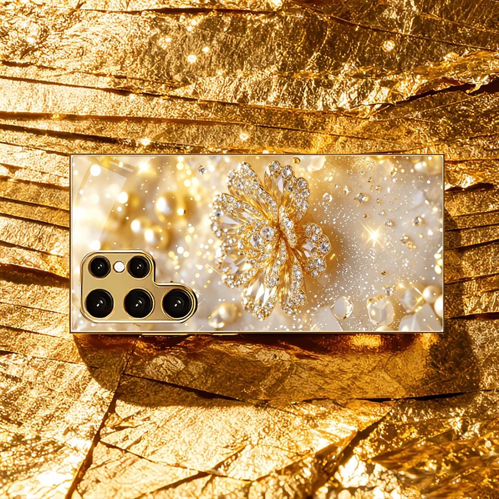 Elegant Golden Flower Sparkle phone case glass s26 ultra case s25 ultra case for Samsung Galaxy S26 S25 S24 S23 S22FE Ultra Plus
