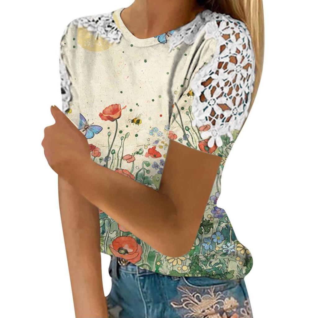 Women's Fashion Lace Hollow Print Round Neck Short Sleeve T-shirt Top