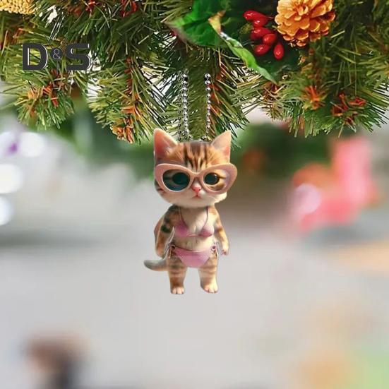 Kitten Pendant 2D Flat Acrylic Cartoon Cat Ornament Bikini Kitten with Sunglasses Keychain Pendant Christmas Tree Decor Gift for Cat Lovers