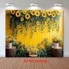 2D Flat Printing Party Backdrop Bright Sunflower Wall Scene with Rustic Wooden Stumps