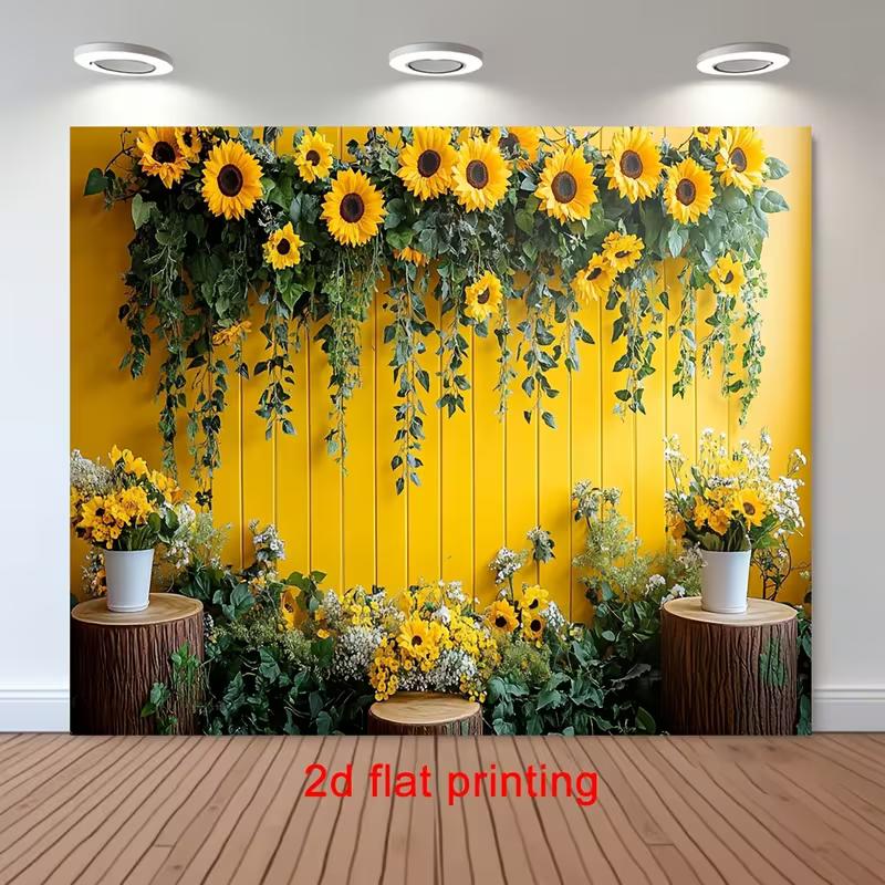 2D Flat Printing Party Backdrop Bright Sunflower Wall Scene with Rustic Wooden Stumps