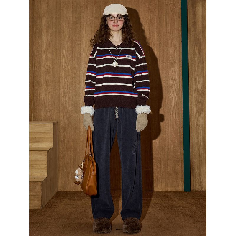 Coolhut Fair Isle Brown Sweater Retro Stripes Contrasting Color Polo Collar Slimming Loose Winter Women's Sweater