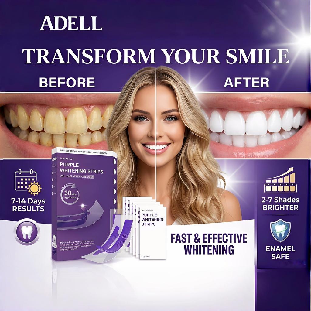 V34 Gentle Bright Purple Teeth Whitening Strips - Easy To Use & Comfortable, Removes Yellowing for a Clean Smile.