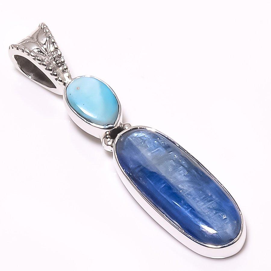 Natural Kyanite, Republic Larimar 925 Solid Sterling Silver Pendant 1.42" W3p58