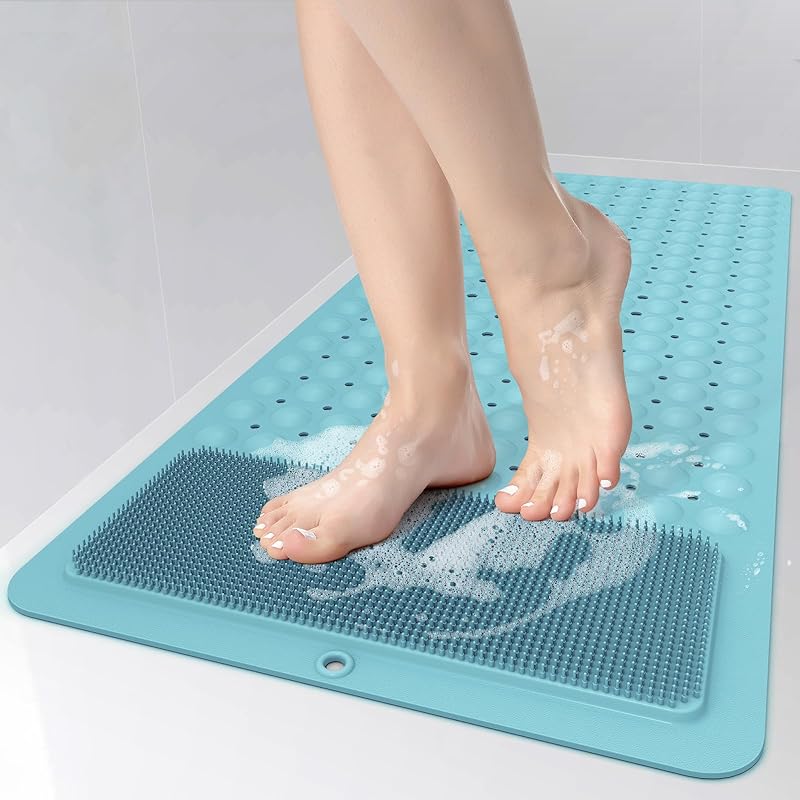 Yolife Non Slip Bathtub Mat, Shower Foot Scrubber Mat, 39 X 16 Inch Extra Long Bath Mat for Tub Non Slip with Suction Cups Drain Holes, Soft TPE Anti