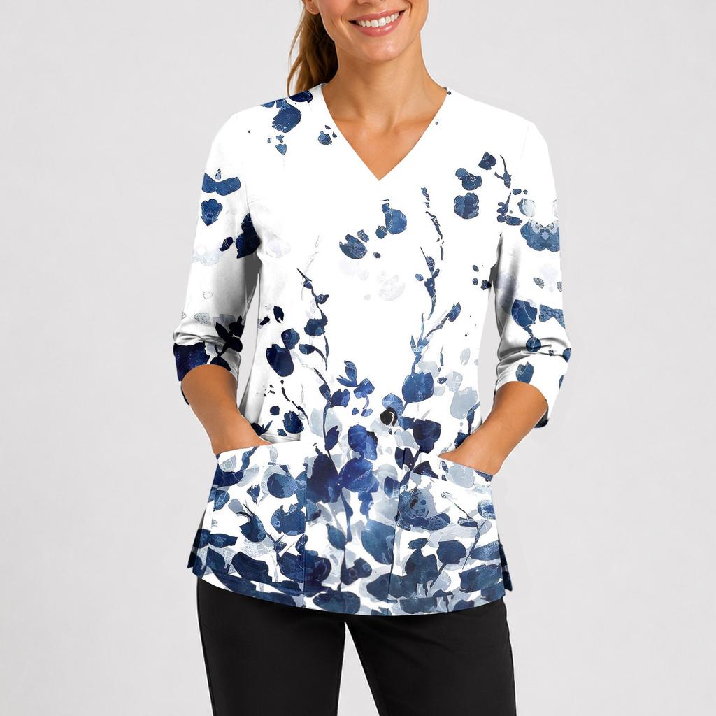 Bata Médica de Mujer con Escote en V, Mangas Tres Cuartos, Aberturas Laterales y Bolsillo Frontal, Estampado Floral, Ajuste Cómodo, Uniforme de Enfermera