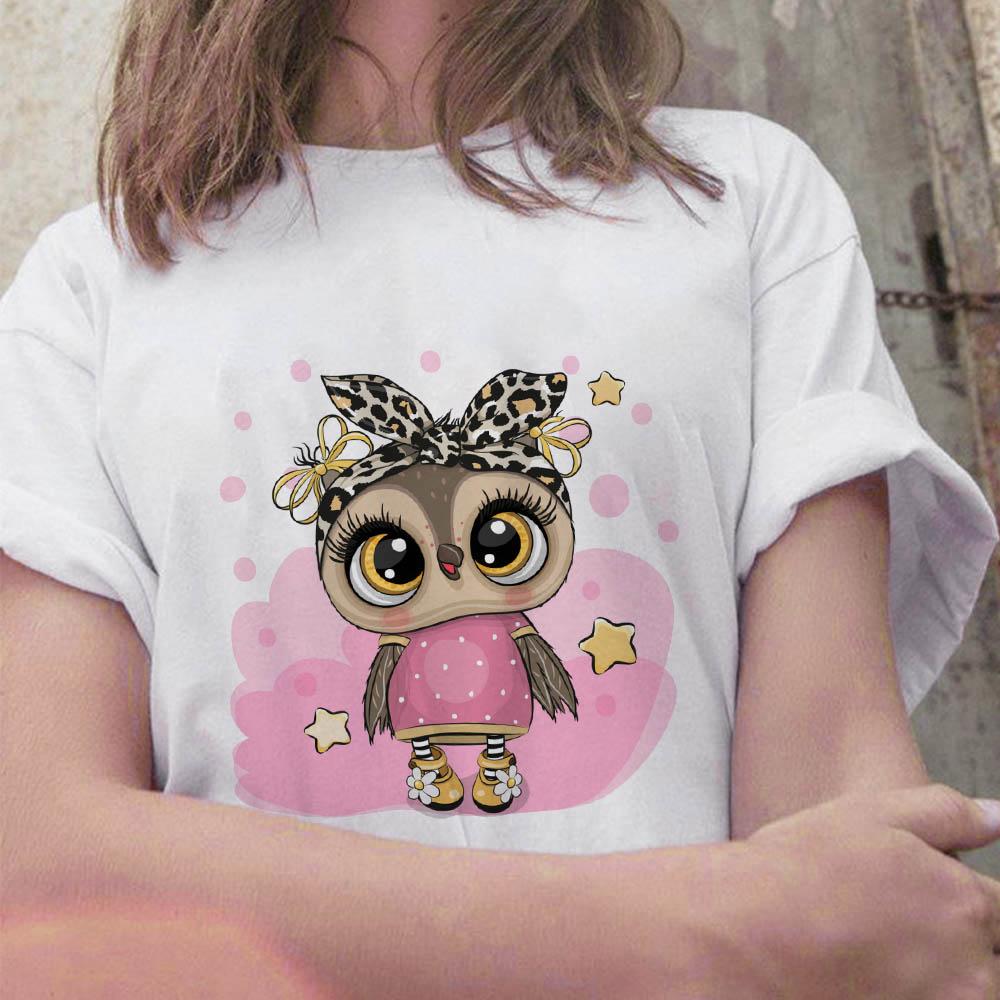Summer 2025 New Tops Trend Cute Owl Print Ladies T-Shirt Casual Basics Round Neck White Short Sleeve Ladies Tshirt