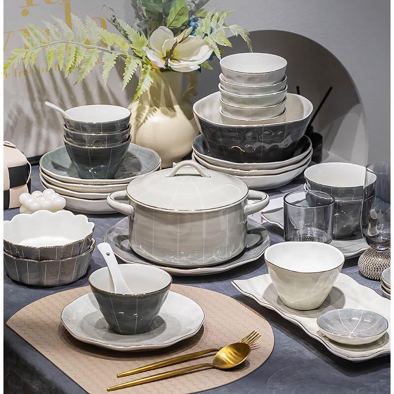 DH Light Luxury Ceramic Dinnerware Gift Set 12-Person 58-Piece Luxury Set with Soup Pot