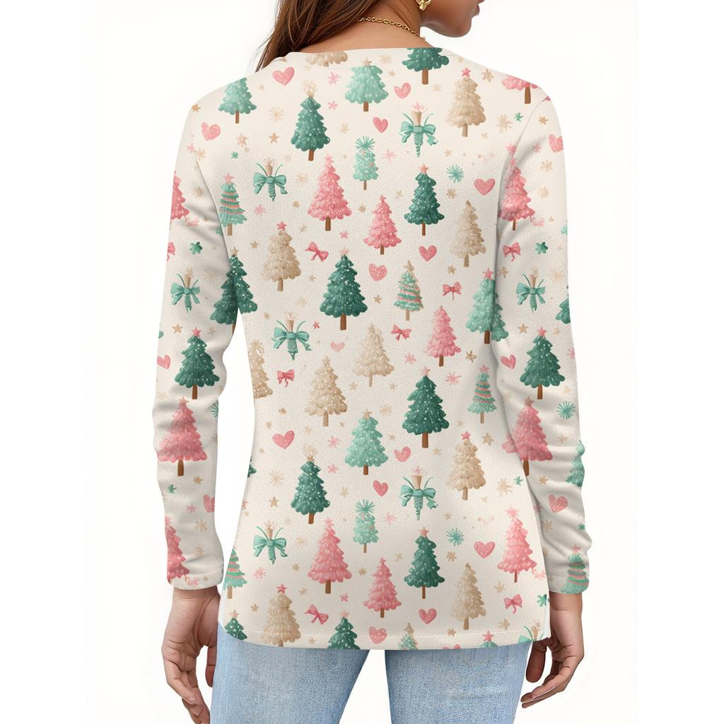 Women's Fashion Casual H Printed V-Neck Long Sleeve Decorative Button T-Shirt Tops
