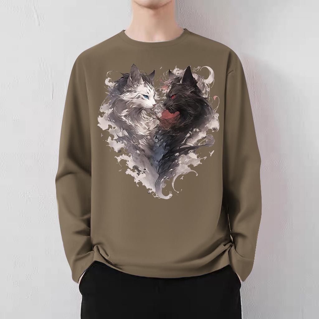 Japanese high street smoke cat print men and women 2024 spring and autumn loose American lazy chic couple crew neck t-shirt