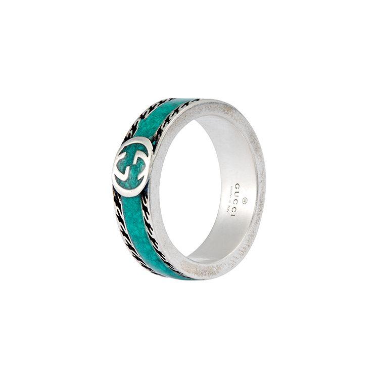 

Gucci Interlocking Double G Vintage Letter Engraved Shiny 925 Silver Ring Unisex rings Green 645573-J8410-8136 Dust Bag+Box (Random Color),14