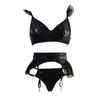 Supply New Sexy Patent Leather Mesh Fluffy Edge Sex Underwear Three-piece Set