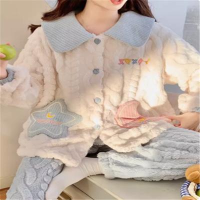 New Coral Fleece Pajamas Women's Thickened Suit Lapel Cartoon Sweet Girls' Flannel Home Clothes Casual Warm Women's Pajamas Set