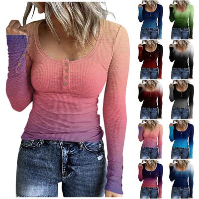 Women's T-Shirt Fashion Casual Gradient Print U Neck Long Sleeve Top