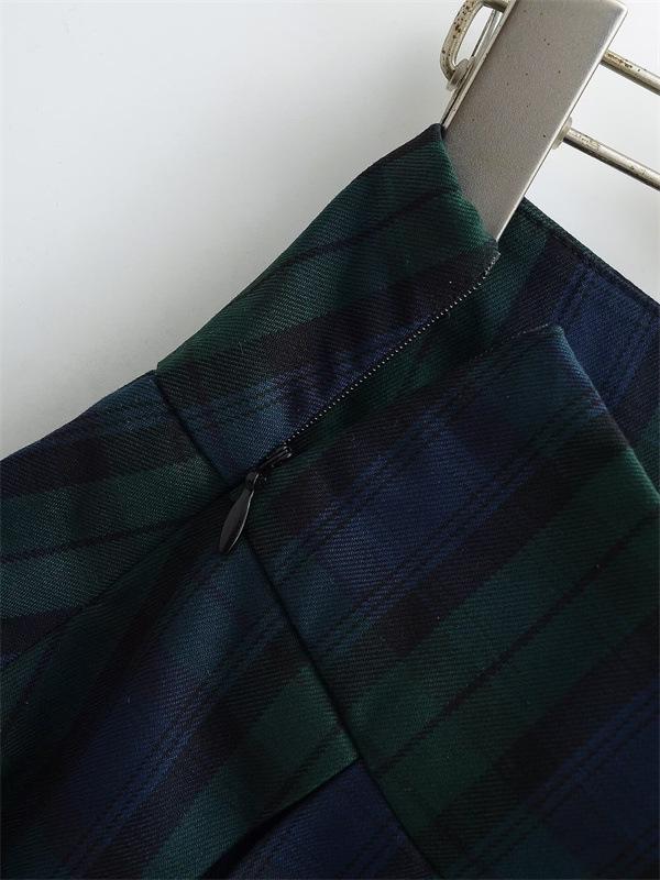 Damen Grüner Karomuster Retro Falten Minirock, Niedrige Taille, Schlankmachend, Anti-Exposure, Petite Passform