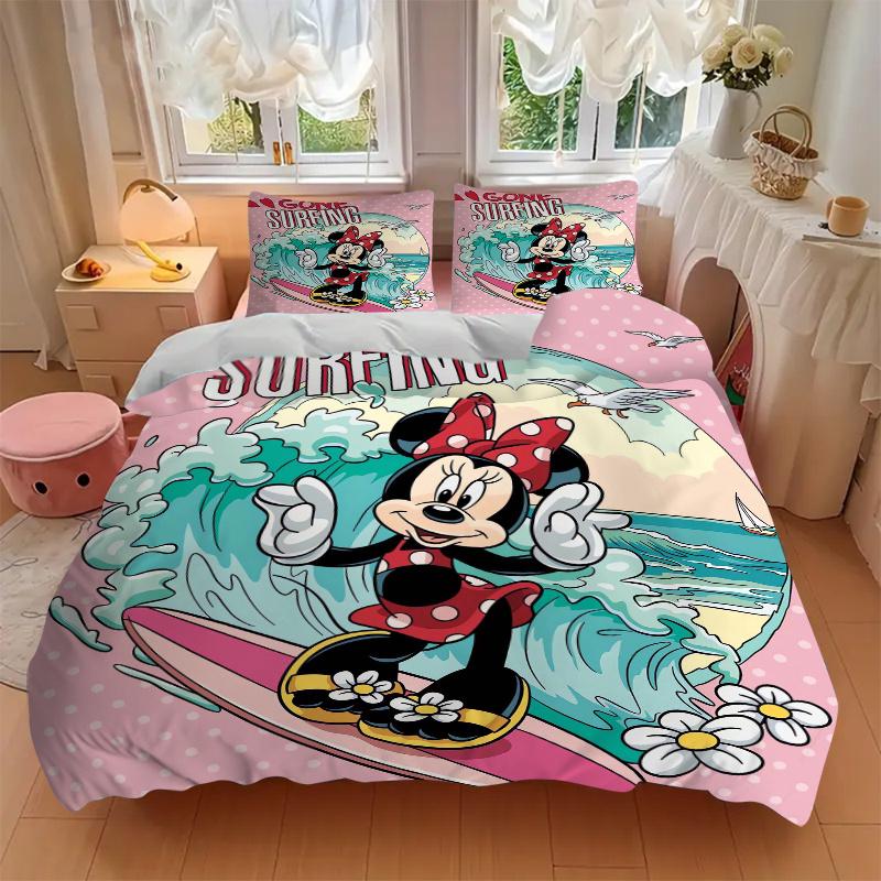 3pcs Gone Surfing Minnie Mouse Quilt Cover Set (1 Quilt Cover + 2 Pillowcases Without Pillow Core), High-Definition Printing for Home and Dormito