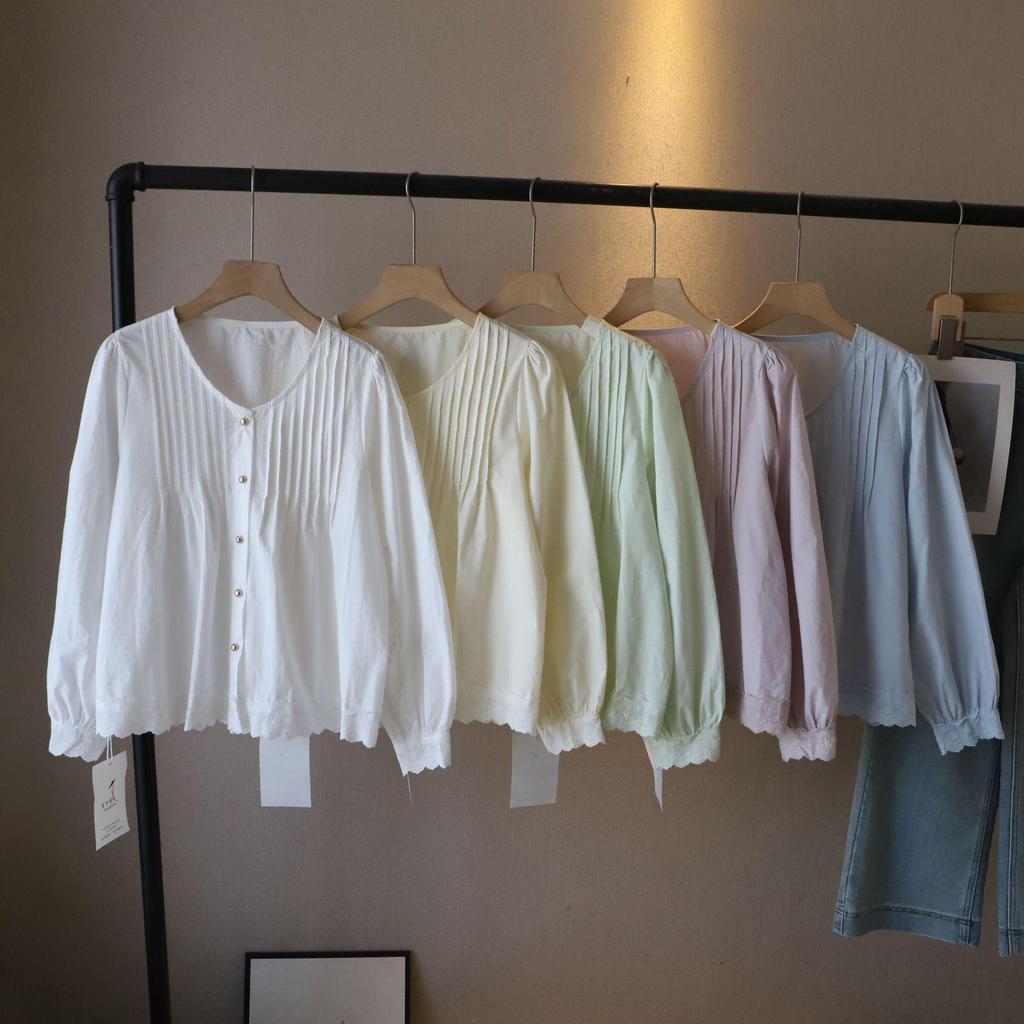 [Bi Zheng] 2025 Early Spring Korean Style Women's Heavy Industry Pleated Lace Long Sleeve Blouse 3296