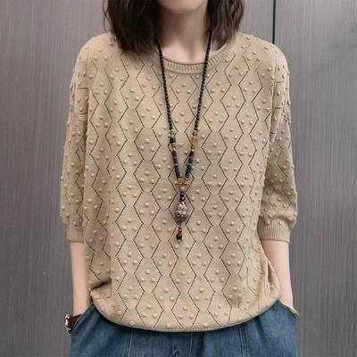 Haut d'été à manches sept-quarts pour femme, nouveau T-shirt décontracté pour mère, couleur unie, ample, col rond, pull pull en maille ajourée