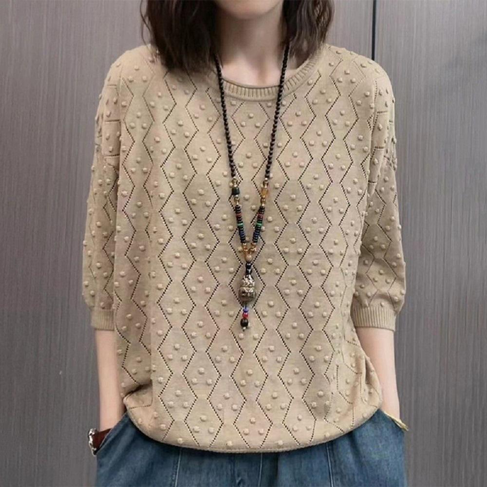 Summer seven-quarter-sleeved top women's new casual mother T-shirt solid color loose round neck hollow knitted sweater pullover