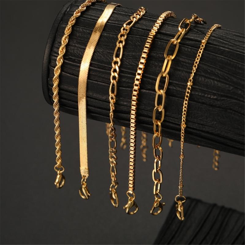 6 Pieces Waterproof 14K Gold Plated Stackable Bracelets for Women Dainty Cuban Link Paperclip Chain Jewelry Set
