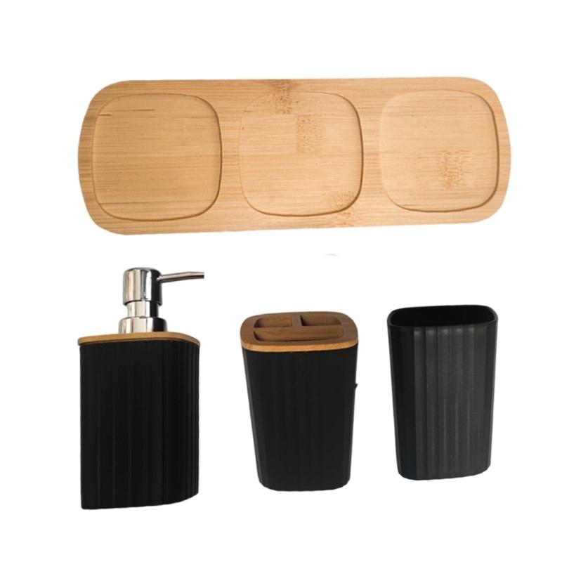 4Pcs Modern Bathroom Set With Wood Base Includes Toothbrush Holder Hydraulic Cup Mouth Cup 1 Set