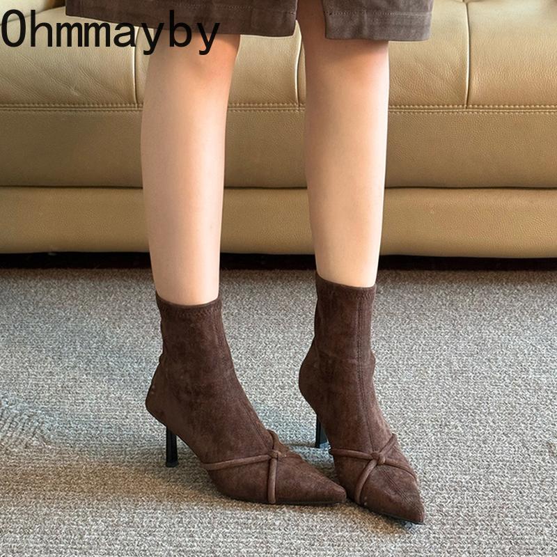 Vintage Women Ankle Boots Fashion Pointed Toe Thin High Heels Shoes Party Prom Elastic Slim Botas Para Mujer