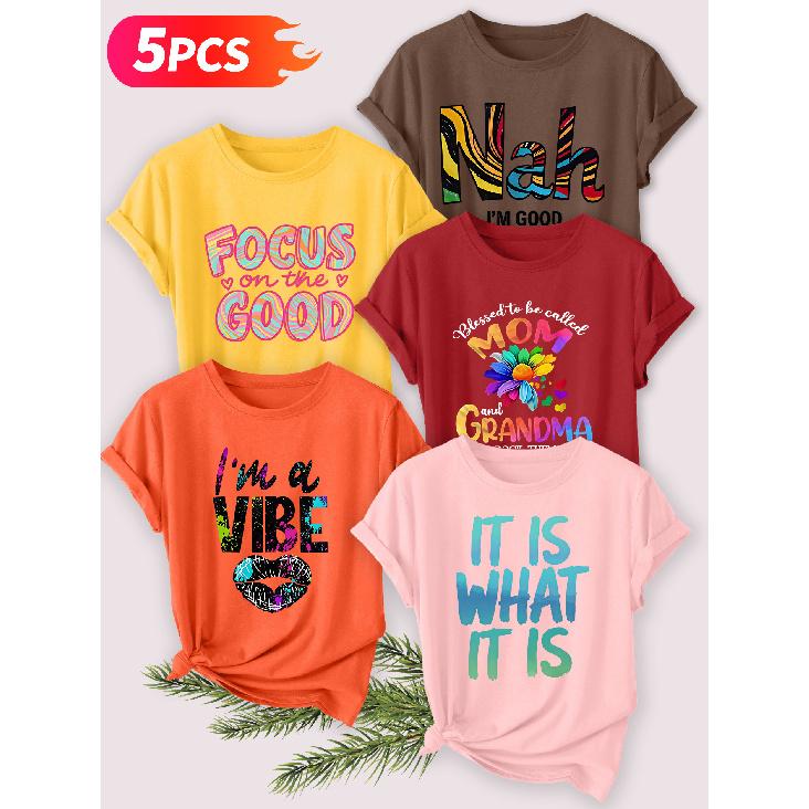 Five-piece set Elegant short-sleeved shirt for women Energetic Attitude Series Printed Round Neck Women's Short Sleeve Shirt Suitable for Spring and