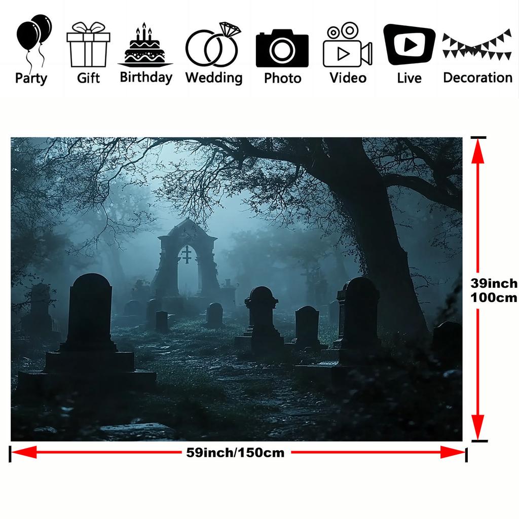1 Set of Cemetery-themed Photo Background - a Creepy Cemetery Scene with Foggy Trees and Tombstones