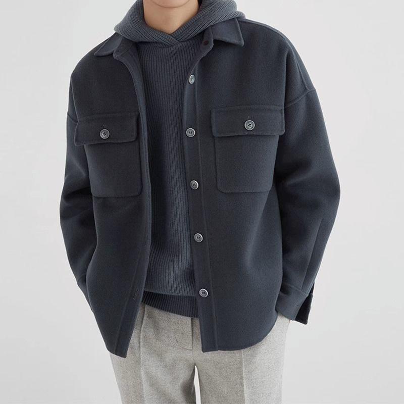 Men's Khaki Korean-Style Wool Coat: Autumn/Winter Loose Fit, Double-Sided Pocket Jacket