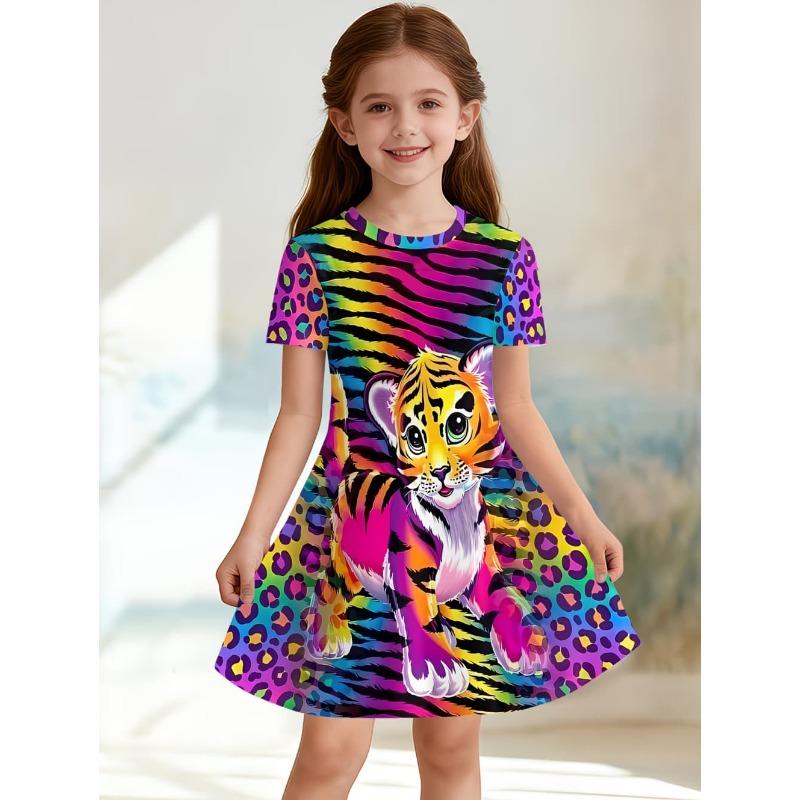 Leopard Print Summer Girls Dress Short Sleeves All Printed Frocks Cute A-Line Princess Dress for Young Girls