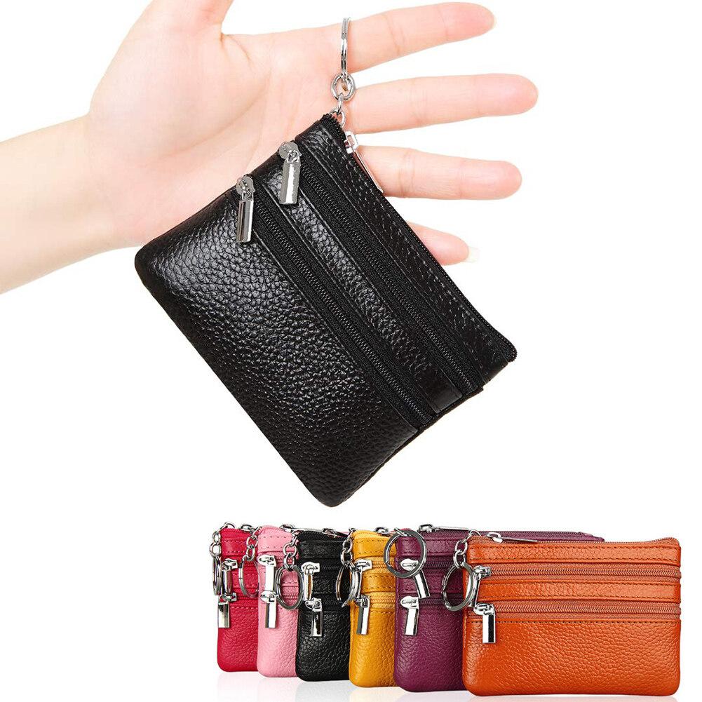 Women's Genuine Leather Coin Purse Mini Pouch Change Wallet with Keychain NEW Three Zipper Fashion Multicolor
