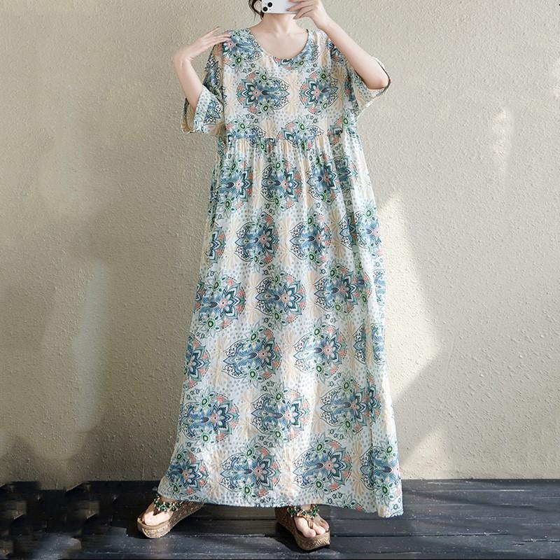 Short Sleeve Plus Size Cotton Vintage Floral New In Dresses for Women Casual Loose Long Summer Dress