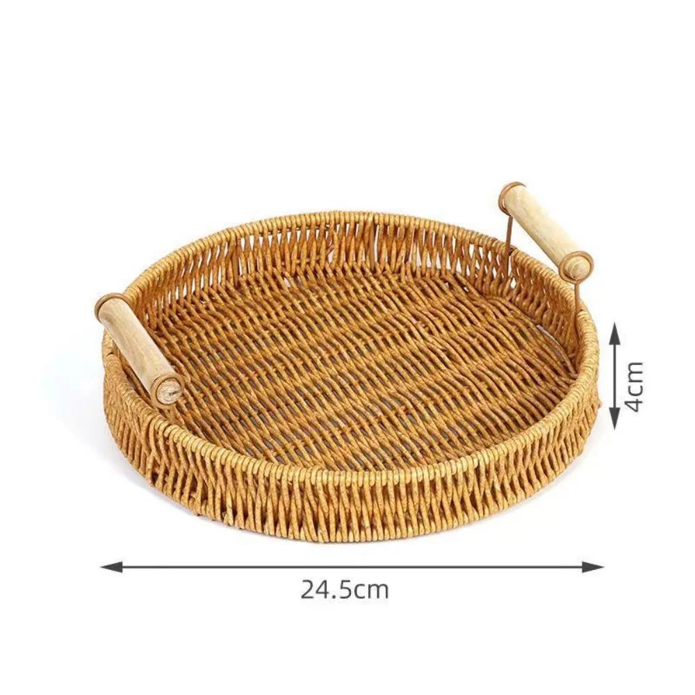 

Round Rattan Serving Tray with Handles Handwoven Wicker Storage Basket Fruit Snack Breakfast Home Decor Kitchen Coffee Table style B-M