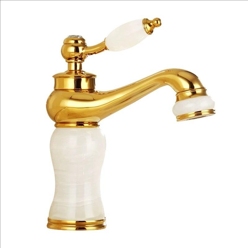 Rose Gold Luxury Bathroom Basin Faucet Single Jade Handle Vanity Sink Mixers Water Taps Brass Natural Jade Basin Sink Faucet
