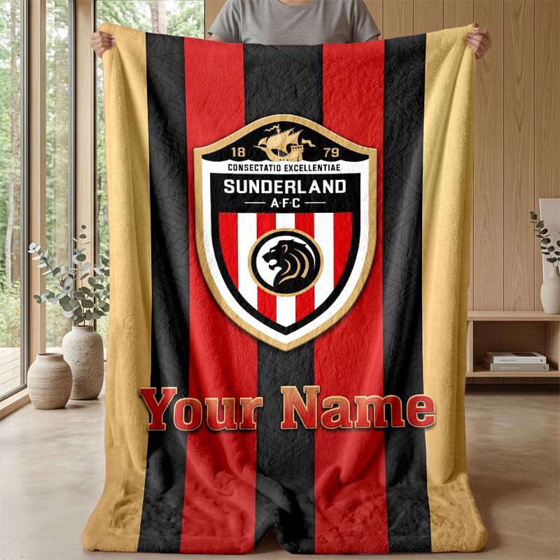 Sunderland FC Custom Name Text Flannel Blanket Soccer Logo Personalized Fleece Throw Blanket Special Gift For Sofa Bedroom Home