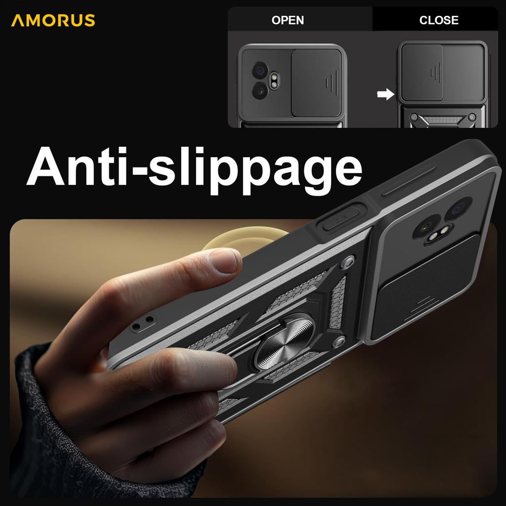 AMORUS For Samsung Galaxy XCover7 Pro Case Kickstand PC+TPU Phone Cover with Camera Lens Slider