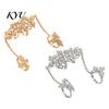 Women Hand Jewelry Rhinestone Flower Link Chain Ring, Bling Floral Leaf Full Finger Ring Statement with Chain, Adjustable Open for Girls