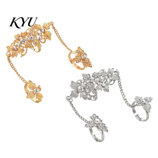 Women Hand Jewelry Rhinestone Flower Link Chain Ring, Bling Floral Leaf Full Finger Ring Statement with Chain, Adjustable Open for Girls