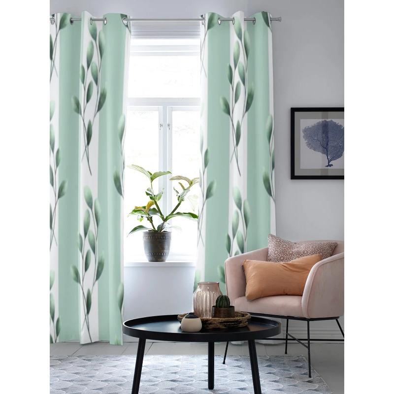 Green Leaves And Stripes Window Curtains For Living Room Kitchen Modern Curtains Home Decor Blinds Drapes