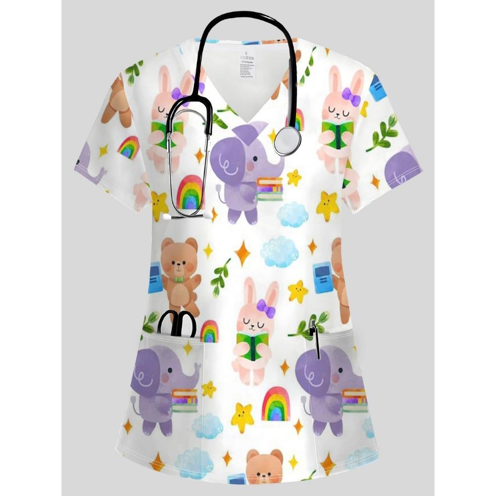 Clinical Uniform Woman Vet Easter Themed Print Top Summer Elegant V-Neck Short Sleeve with Pockets Dentist Scrubs Uniform Woman