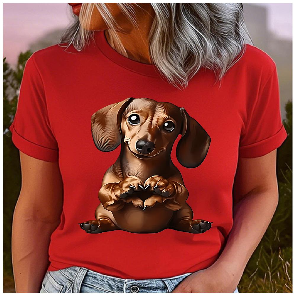 Polyester 100% Cute Dachshund Wiener Dog Heart Paws Graphic Women T-Shirt Pet Lover Cartoon Puppy Short Sleeve Casual Summer Tee