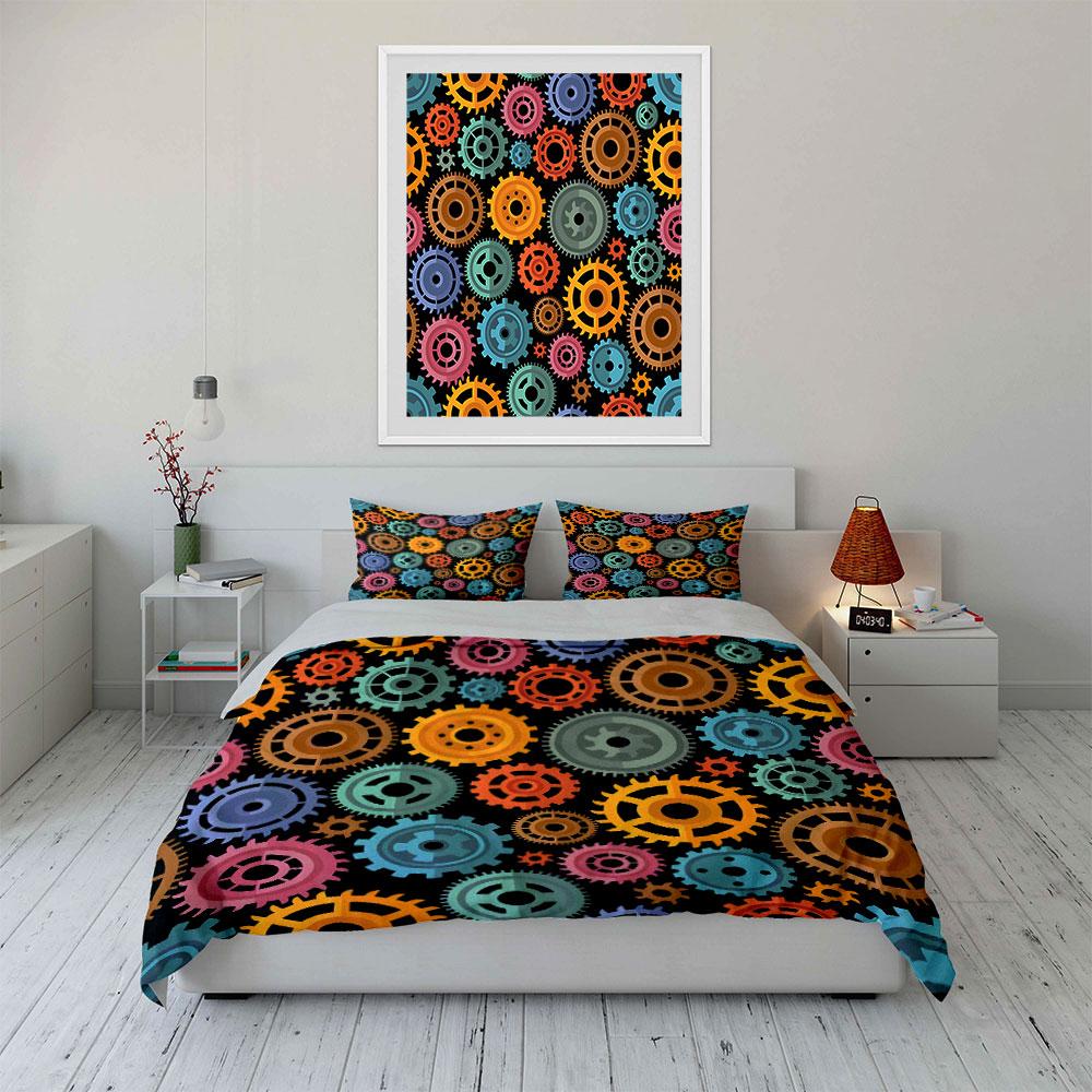 Colorful Gear Pattern Decor Set Bedding Set with 1 Duvet Cover 2 Pillowcases Single Double King Queen Gift