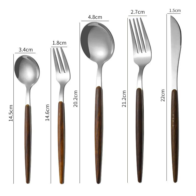 5PCS Stainless Steel Imitation Wooden Handle Cutlery Set Knife Fork Spoon Western Tableware Kitchen Flatware Set Dinnerware