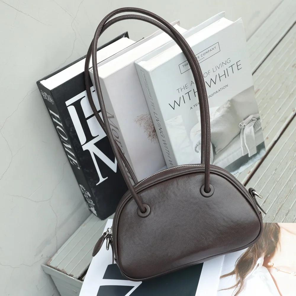 Luxury Women's Small Shoulder Bag Genuine Cowhide Leather Handbag  Girl's Popular and Fashionable Underarm Bowling Purse
